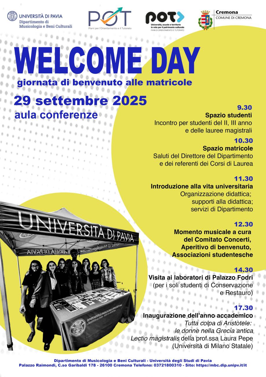 Locandina Welcome Day 2025 Dipartimento di Musicologia e Beni Culturali